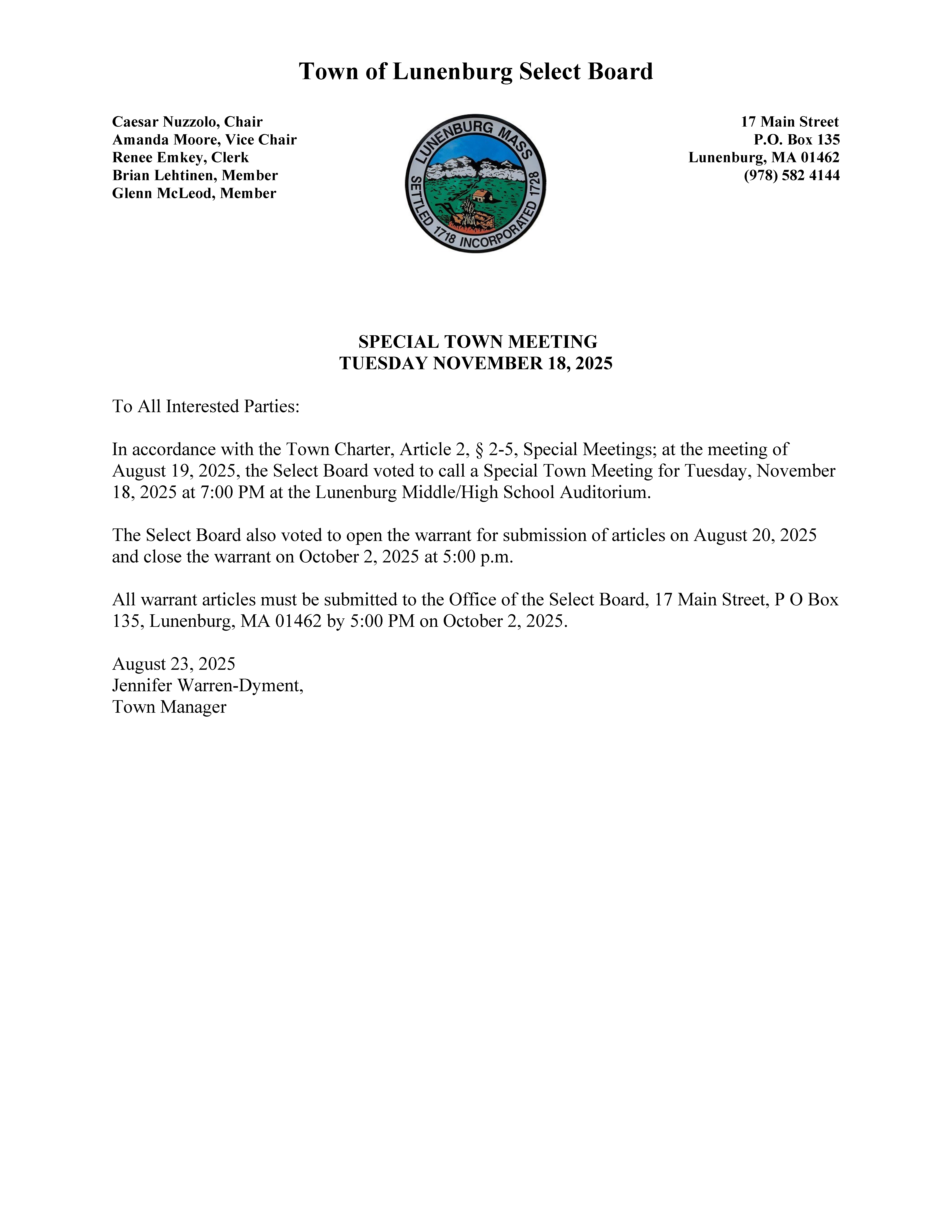 November 18, 2025, Special Town Meeting Notice